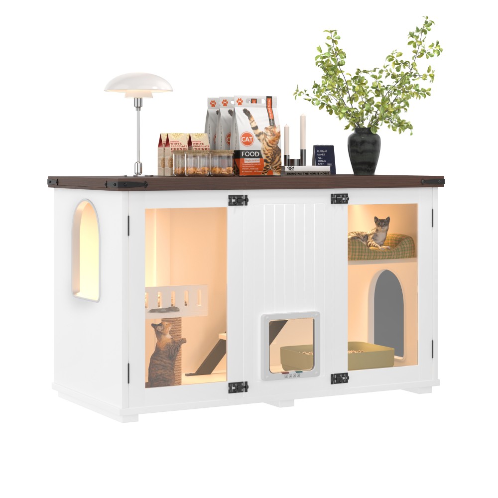 Cat Litter Box Enclosure with LED Light, Stairs, and Scratching Post