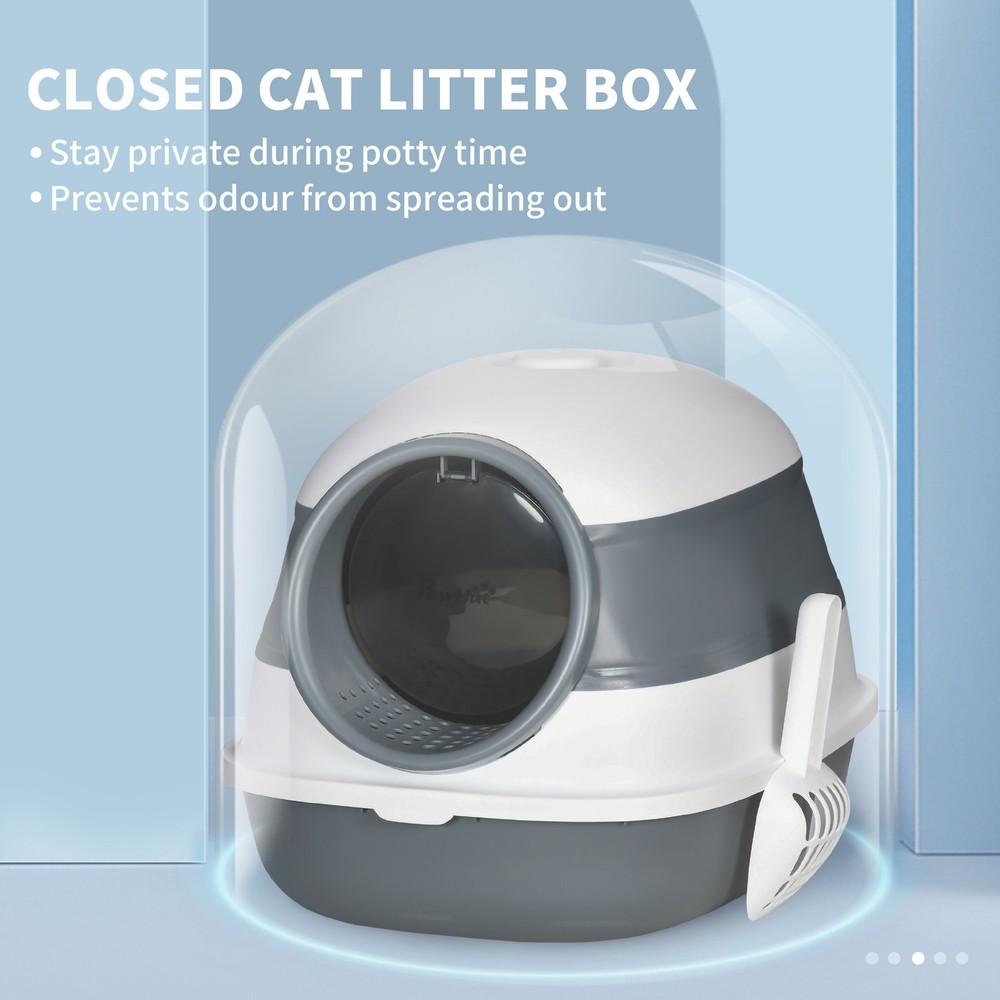 Dome Covered Cat Litter Box with Lid, White, and Gray