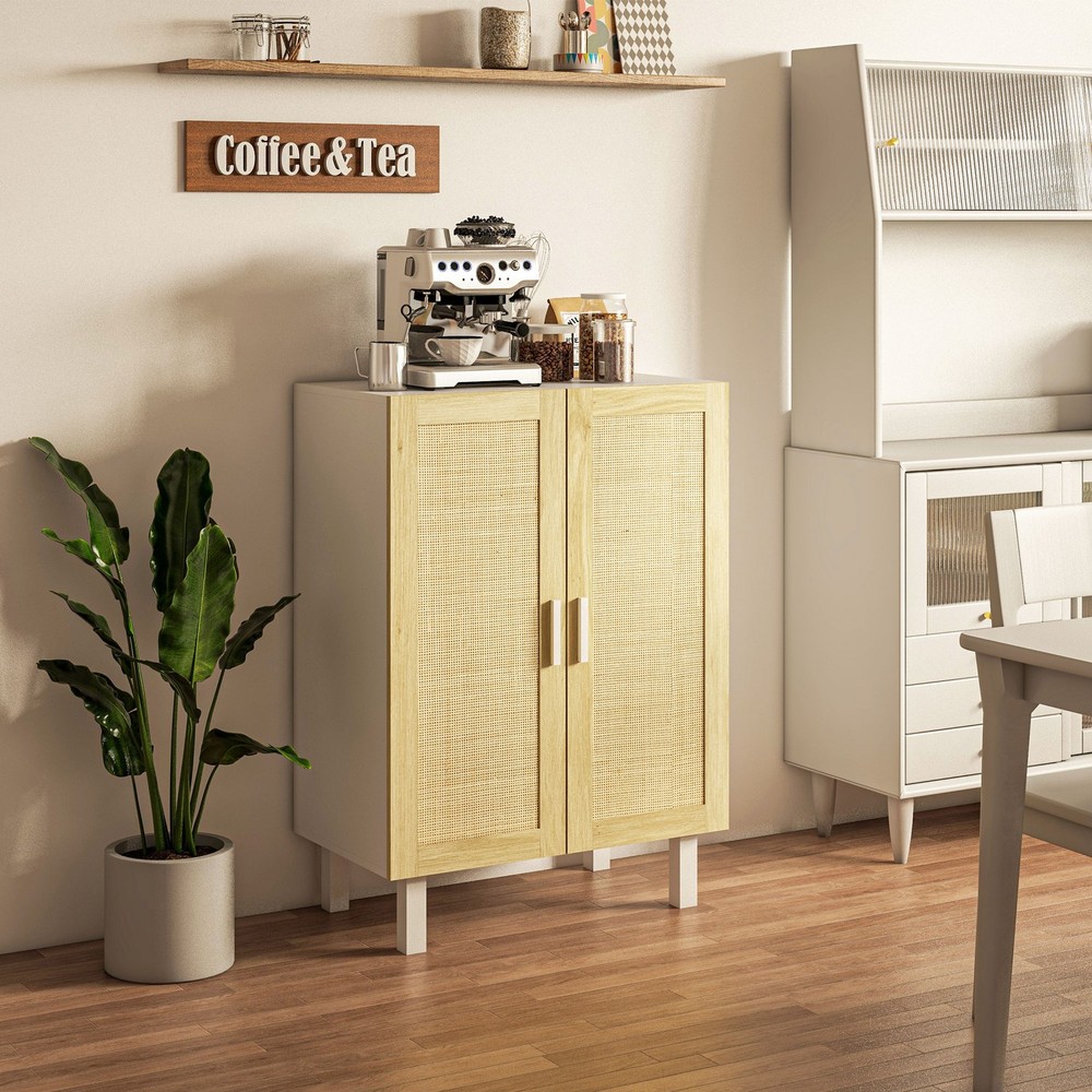 Kitchen Sideboard with 2 Rattan Doors & Adjustable Shelves, White