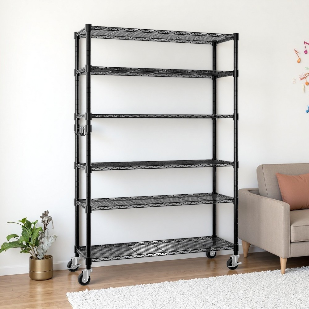 6-Tier Rolling Wire Shelving Unit - Heavy Duty, Adjustable, Hooks & Black