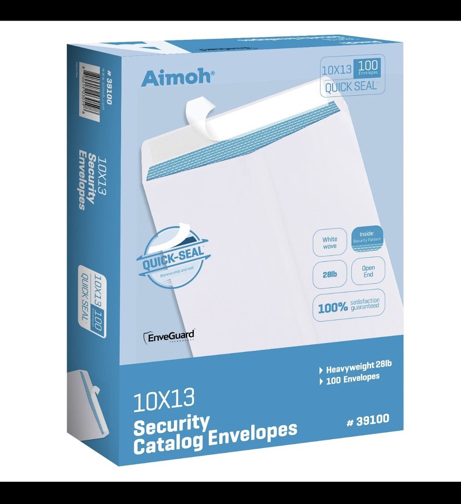 Aimoh #10 - 100 Counts 10 X 13 Self-Seal Security White Catalog Envelopes - 28Lb