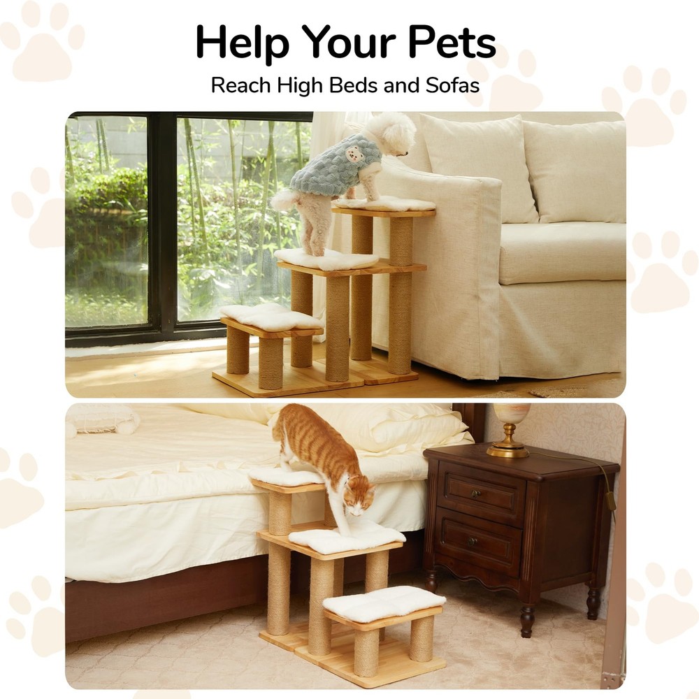 Dog Stairs, Solid Wood Pet Stairs with Cat Scratching Post, Transformable Cat...
