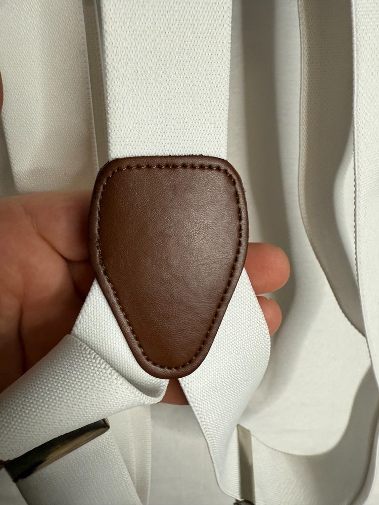Club Room White Solid Suspenders Leather Clip-On Back Adjustable One Size NWT