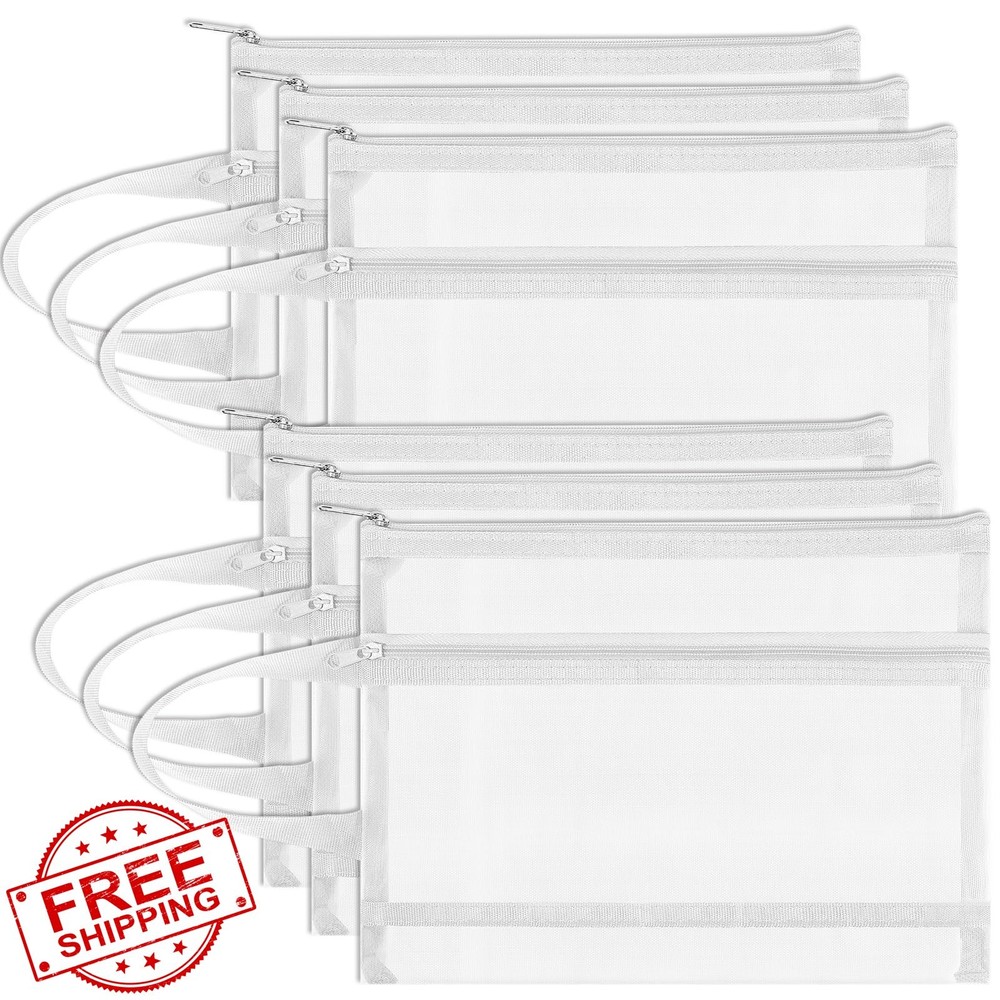 Fassave 6 Pack Mesh Zipper Pouch A4 White Nylon Double Layer Handle