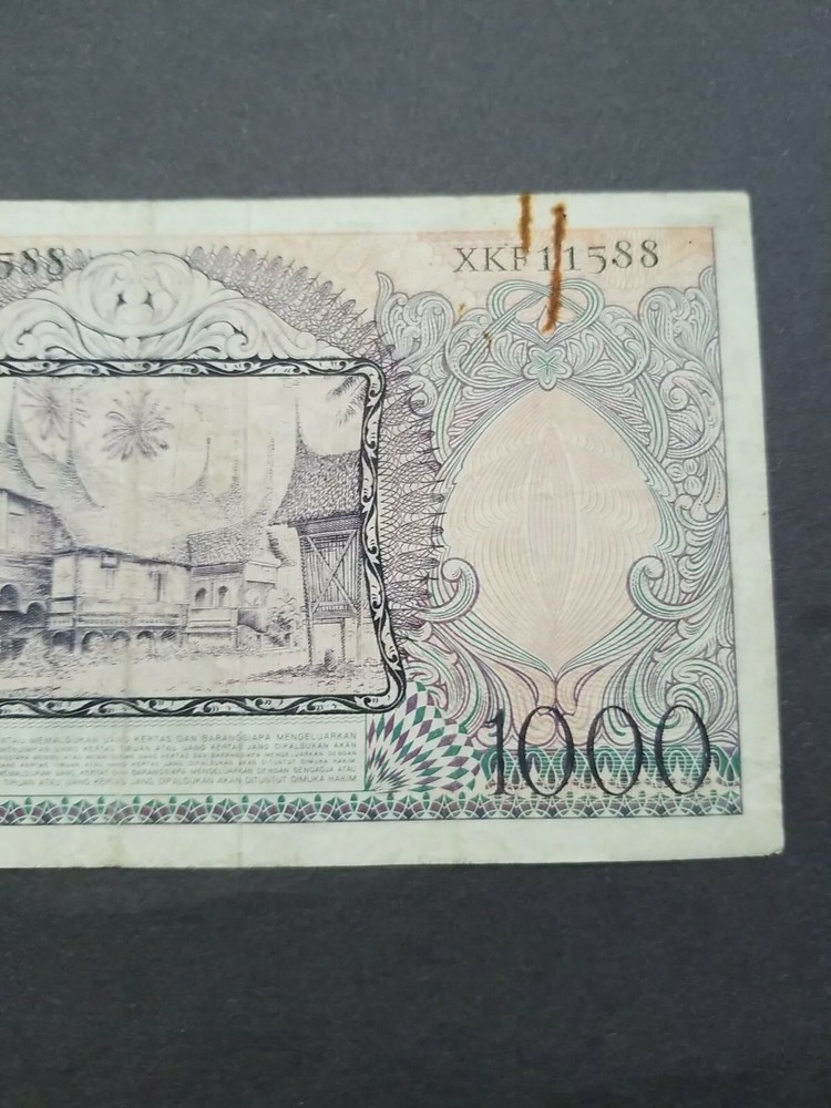 Indonesia~ P-62*~ 1000 Rupiah~1958~ Replacement Prefix X