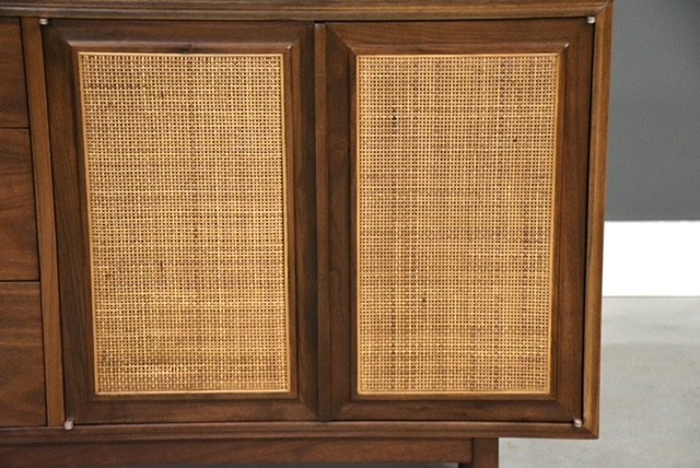 Refinished 52” Walnut and Cane Credenza by Founders