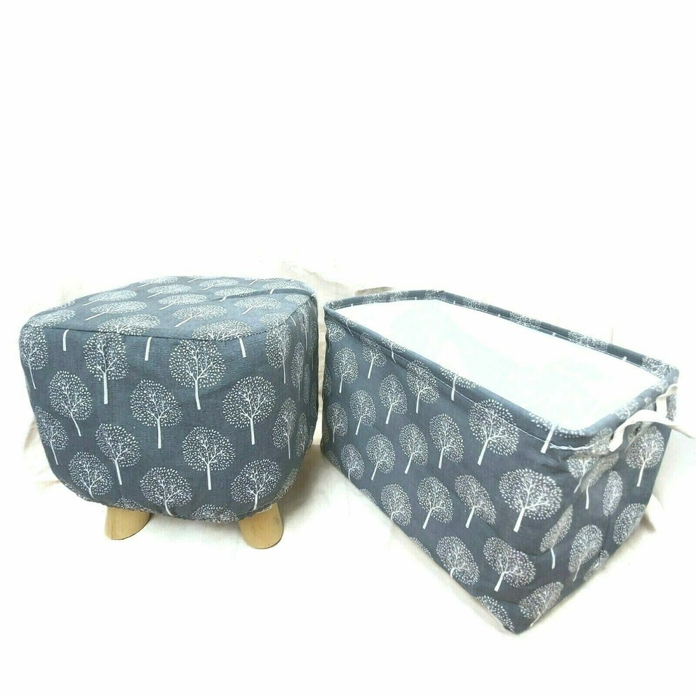 Footstool & Foldable Storage Bin Set Gray Square Stool  Cushion Seat Gift
