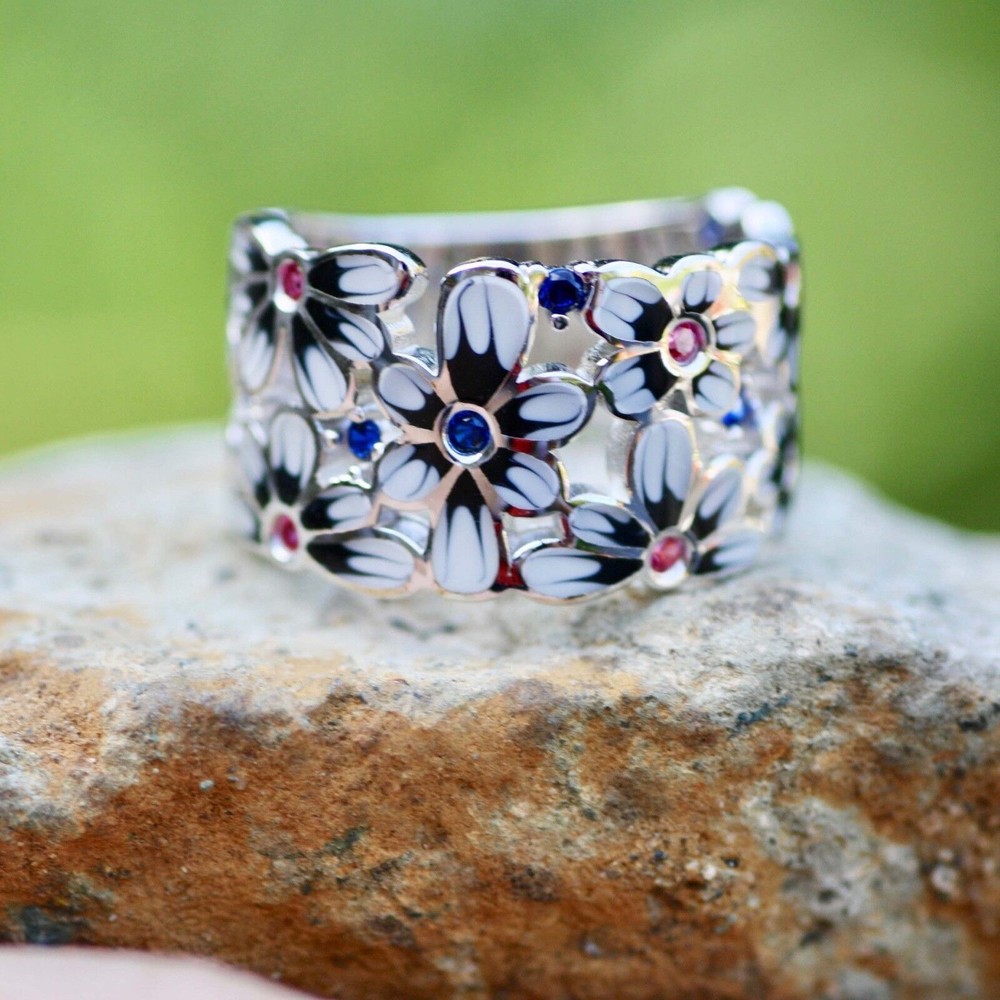 Handmade Wide Daisy Flower Band Sterling Silver 925, Enamel Ring