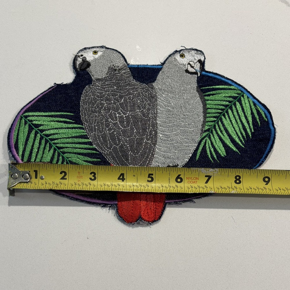 (2) Hanging Congo African Grey Parrot Perching On Branch & Embroidered Patch