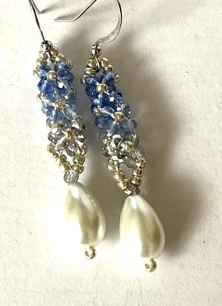 Handmade Sapphire Pearl Drop Beaded Earrings