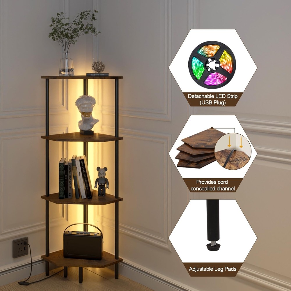 4 Tier Corner Shelf with LED Light,Bookcase for Small Spaces,Display Shelf,Na...