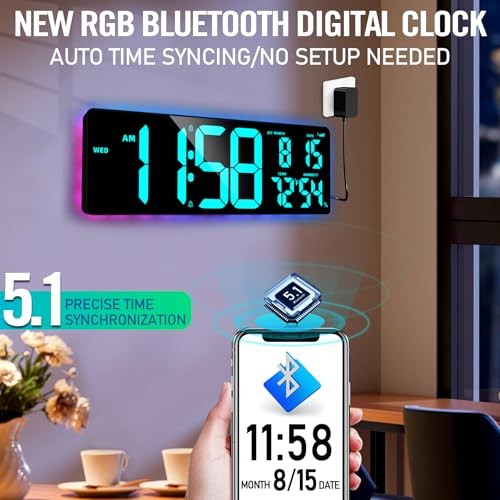 17.2'' Bluetooth Large Digital Wall Clock, LED Large Display Timer with Rgb