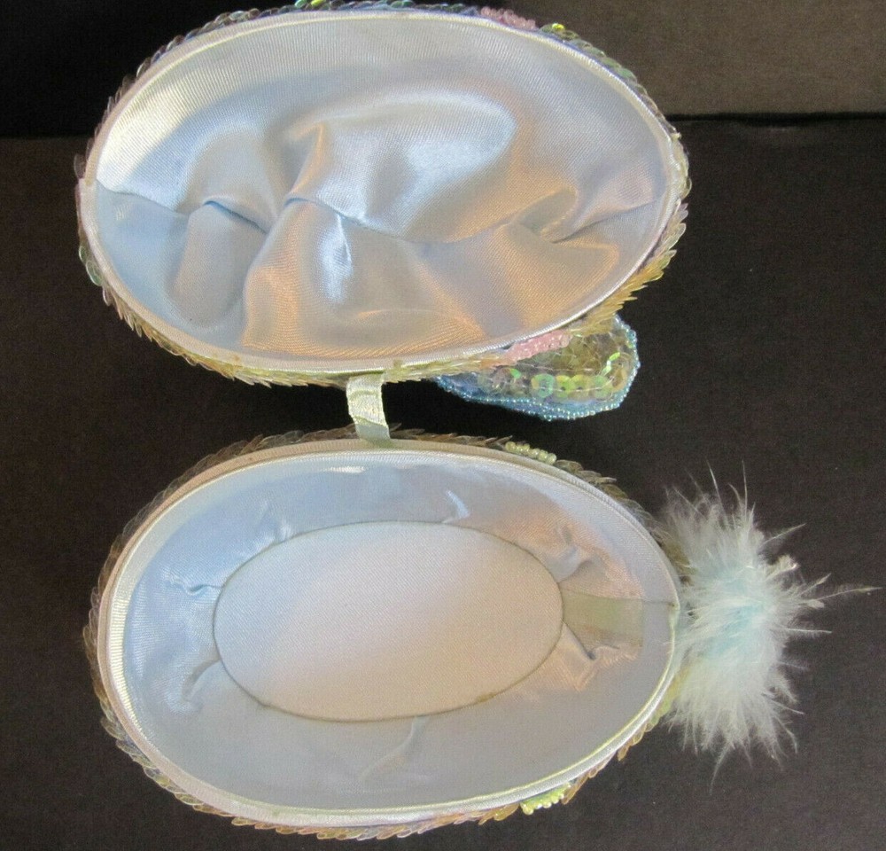 Sequin Beaded Easter GREEN Bunny Rabbit Egg Trinket Box Candy Container