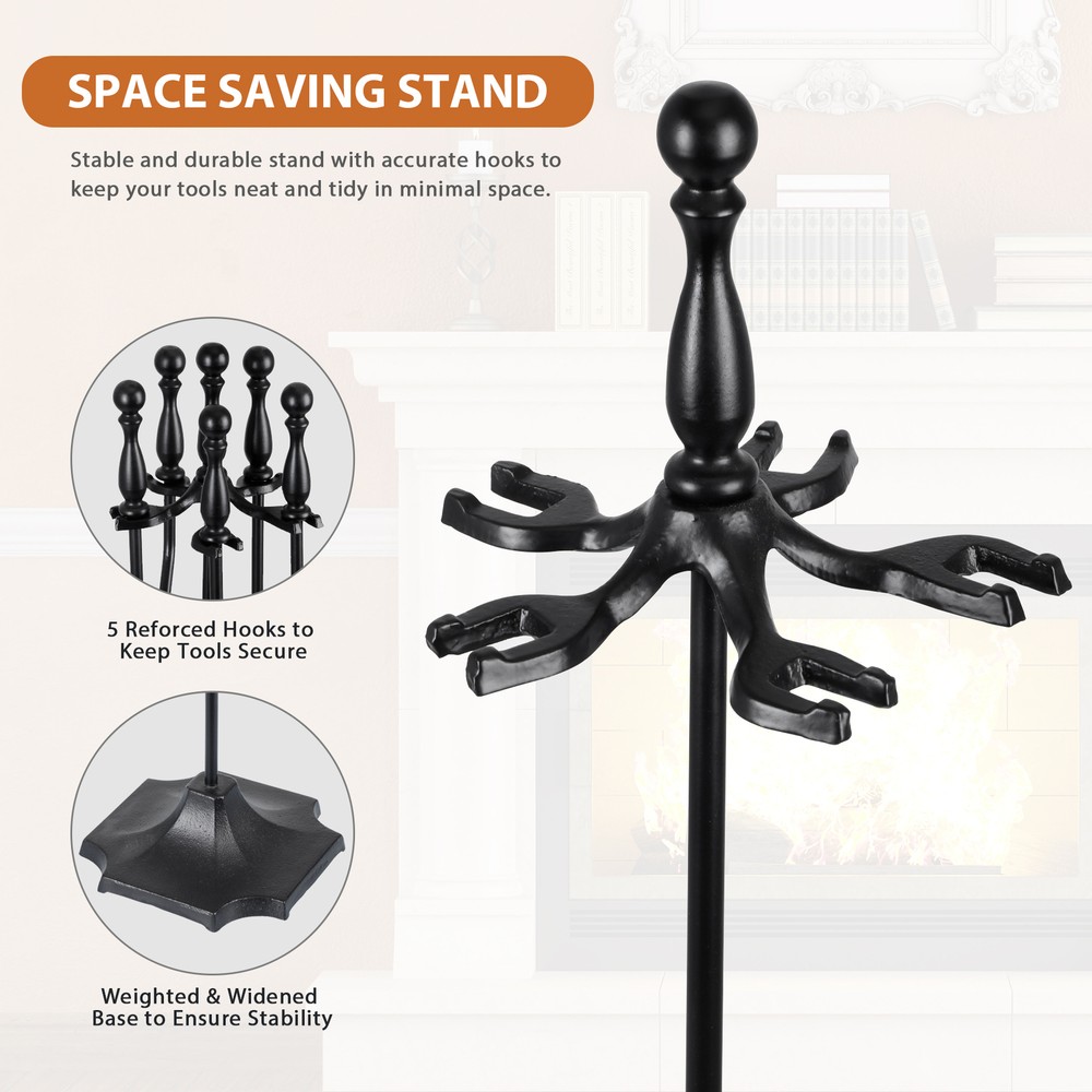 5PCS Fireplace Tools Set Wrought Iron Fire Place Accessories Holder with Handles