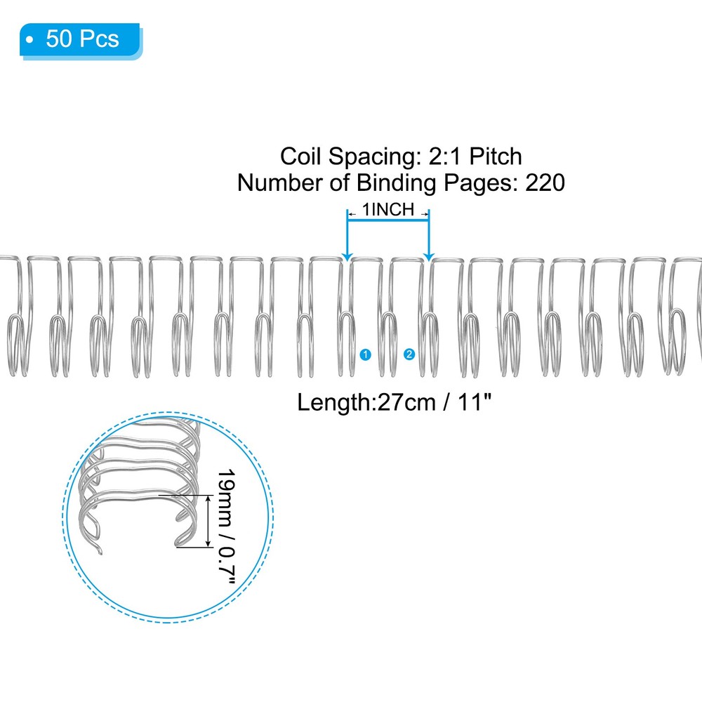 19mm (3/4″) Double Loop Wire Binding Combs, 50 Pcs, 2:1 Pitch, Silver Tone