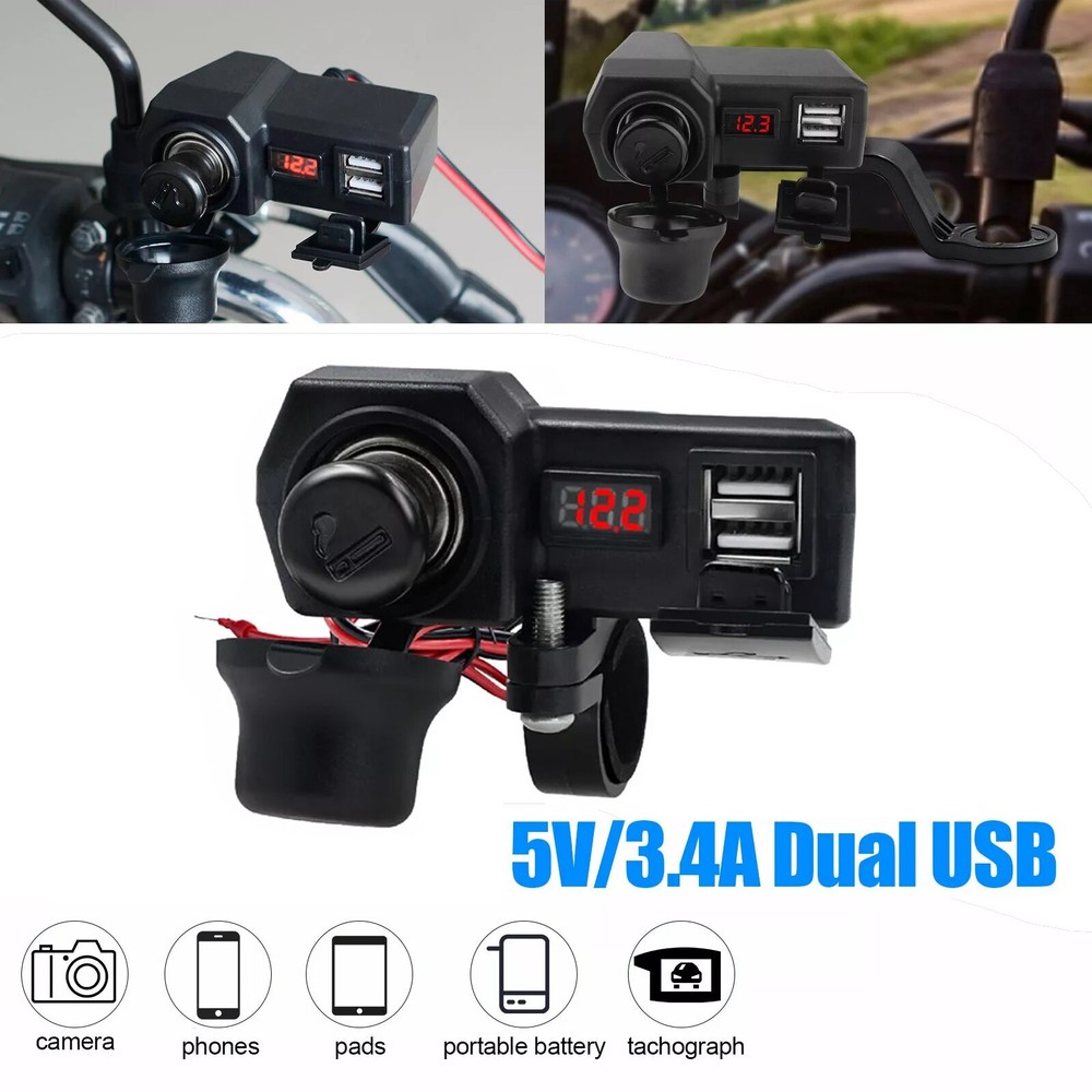 Waterproof Motorcycle Handlebar Dual USB Phone Charger Cigarette Lighter Socket