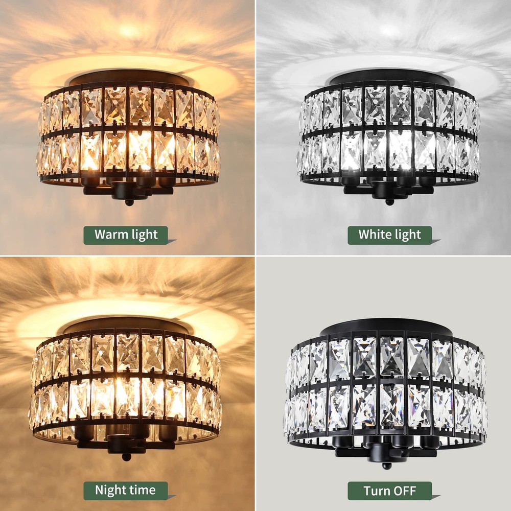 Black Crystal Flush Mount Ceiling Light, 4 Lights Black Dining Room Light Fix...