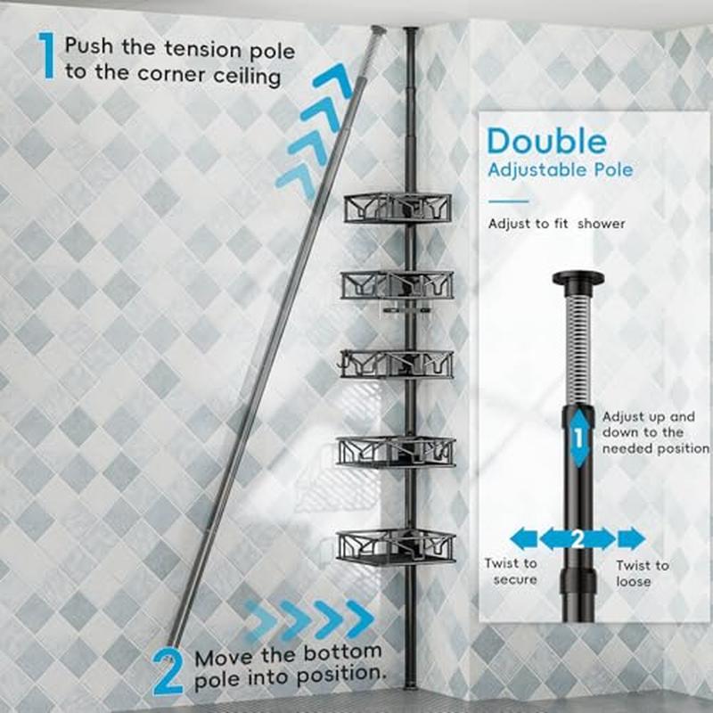 5 Tier Adjustable Corner Shower Caddy Organizer W/ Hooks Rustproof Tension Pole