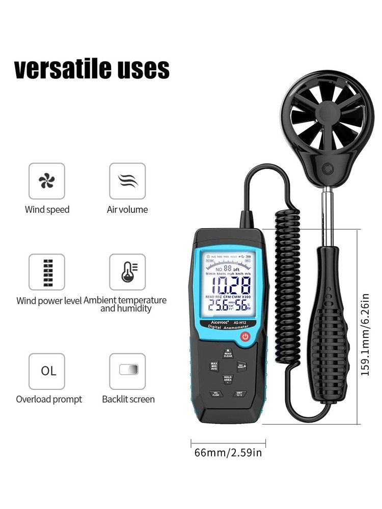 H12 Digital Anemometer Handheld Wind Speed Meter with Extended Wind Sensor, Meas