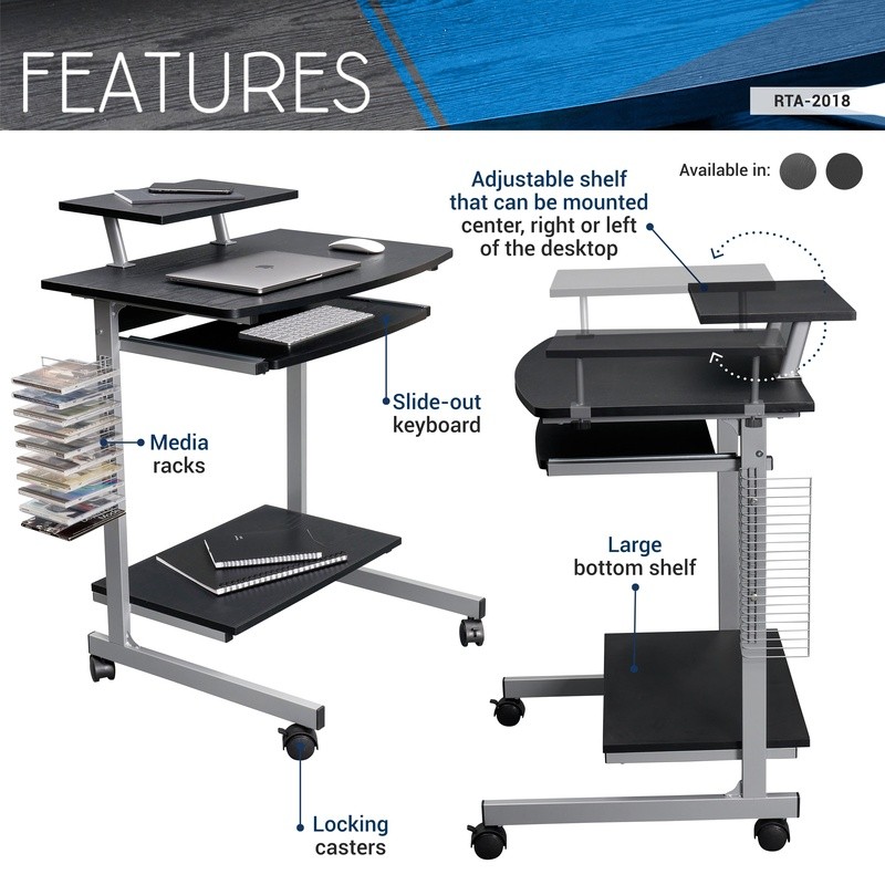 Compact Computer Cart Rolling Workstation Adjustable Shelf Keyboard Tray Storage