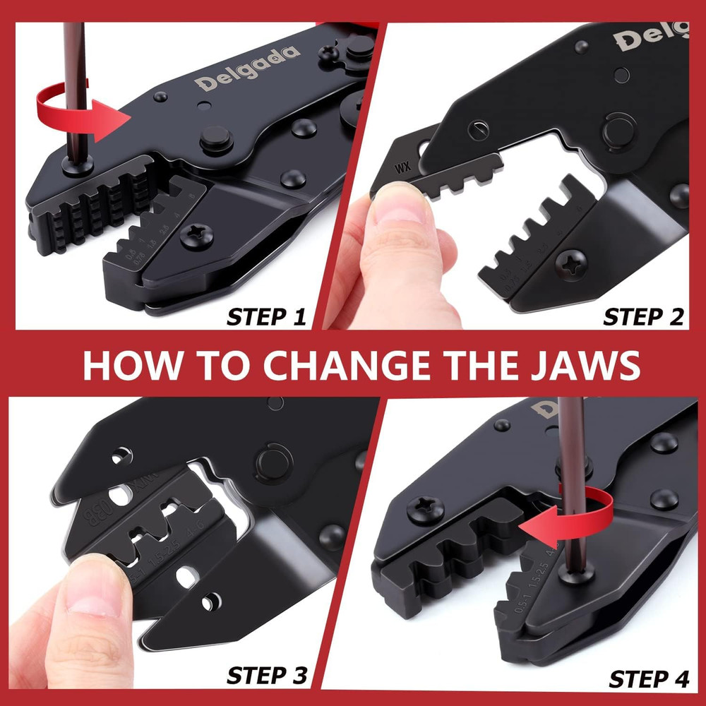 Ratcheting Crimping Tool Set, 6PCS Interchangeable Jaws Wire Crimper Tools with