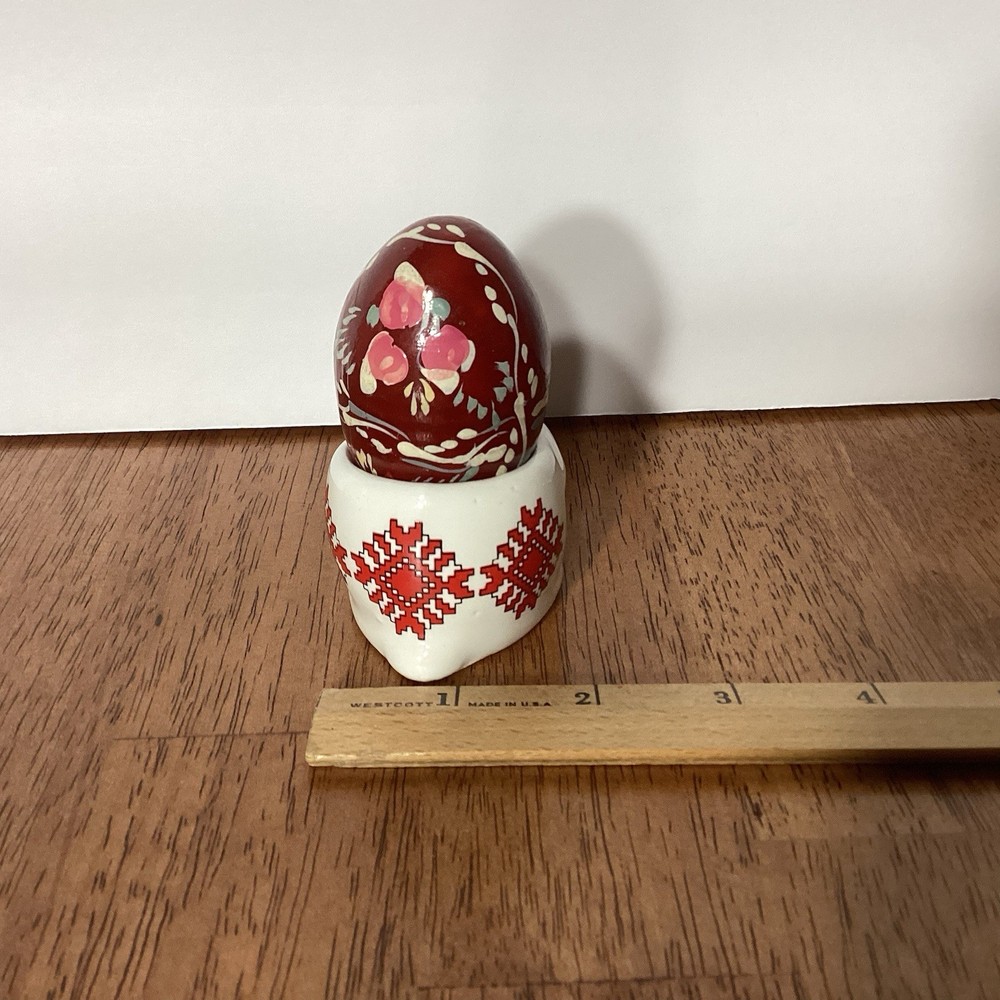 2 Pc Set Easter Valentines Day Ceramic Bunny Holder W/ Wooden Handpainted Egg