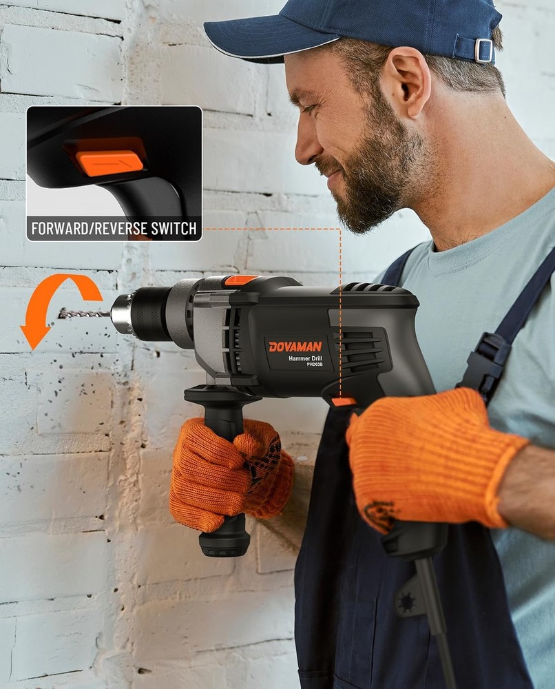 DOVAMAN PHD03B 7.5A Corded Hammer Drill, 1/2'' Impact Drill with Variable Spe...