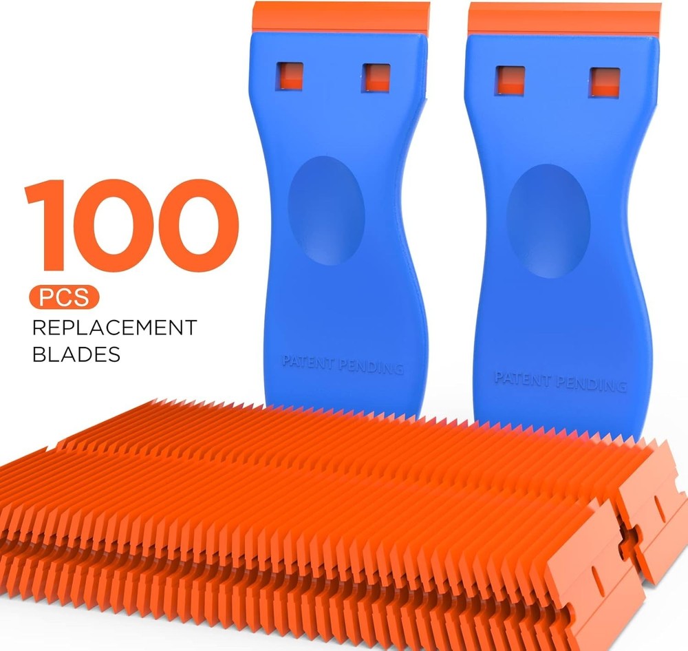 Plastic Razor Blades Scraper Tool - 2 Pack Wall Paint Remover with 100 Pcs Pl...