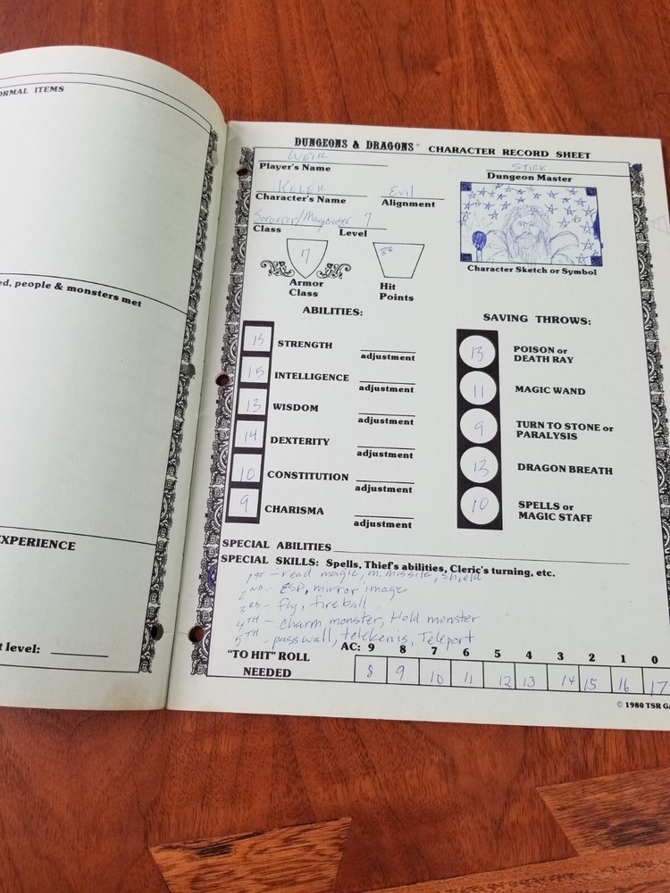 D&D Player Character Record Sheets TSR 9037