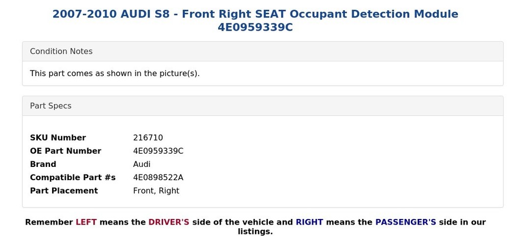 2007-2010 AUDI S8 - Front Right SEAT Occupant Detection Module 4E0959339C