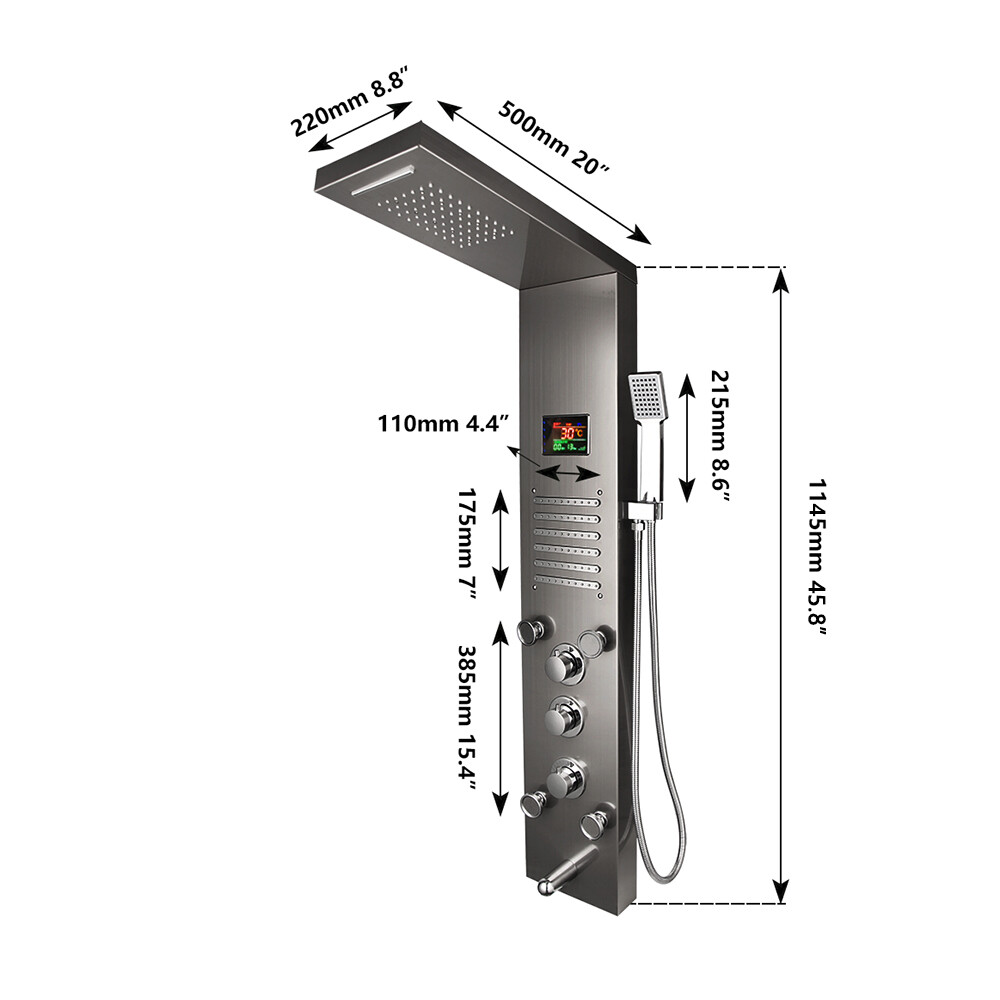 Black LED Shower Panel Tower System Stainless Steel Massage Jets Shower Column