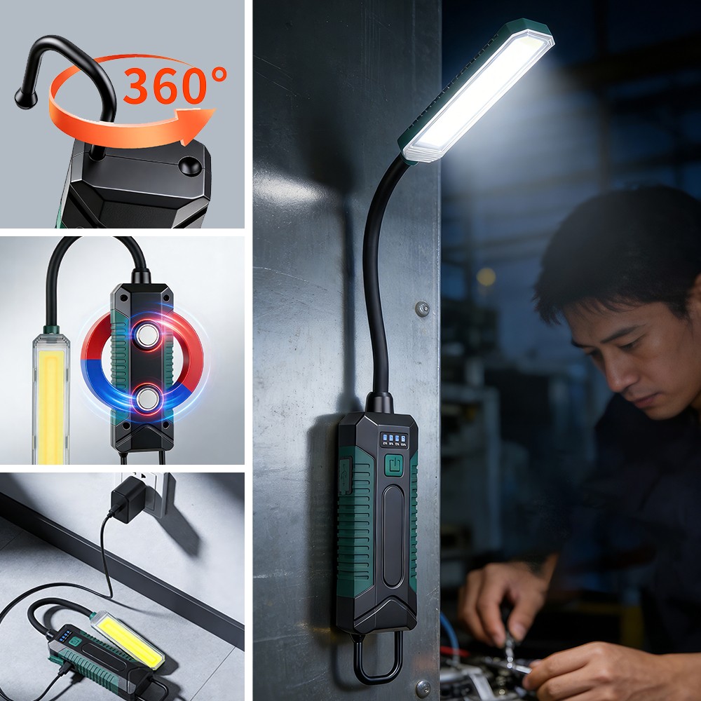 LED Work Light with Flexible Gooseneck Rechargeable Flashlight for Repairs