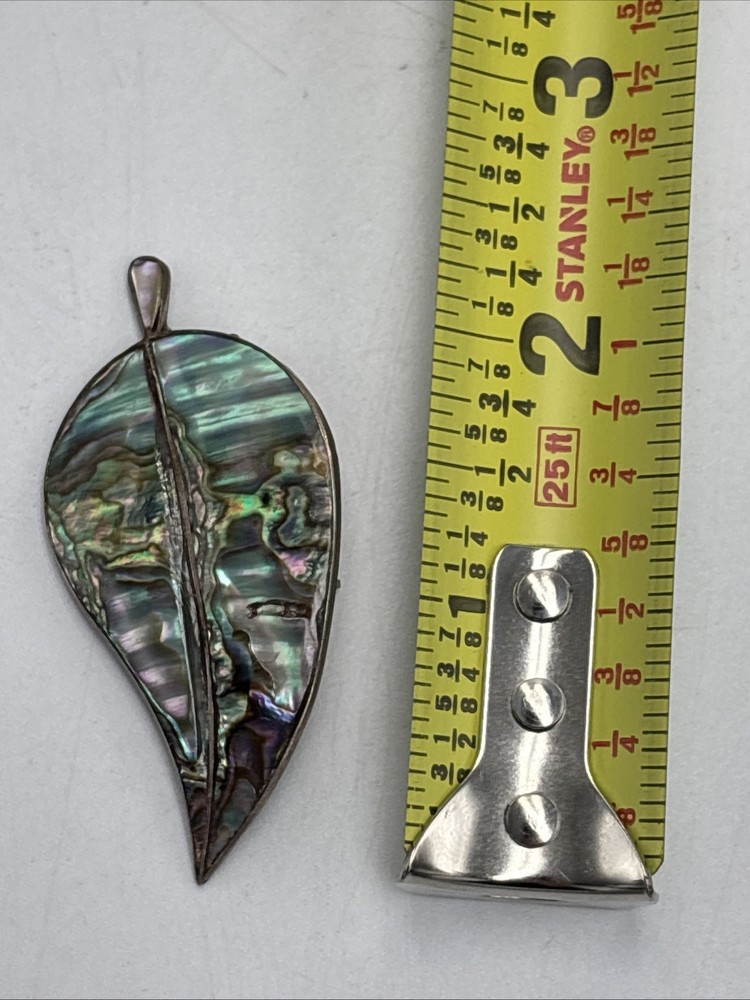 Leaf Shaped Mexican Abalone Shell Vintage Sterling Silver Brooch