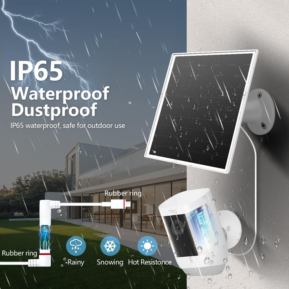 6W Solar Panel Charger for Ring Camera with 3M Cable and USB-C Adapter