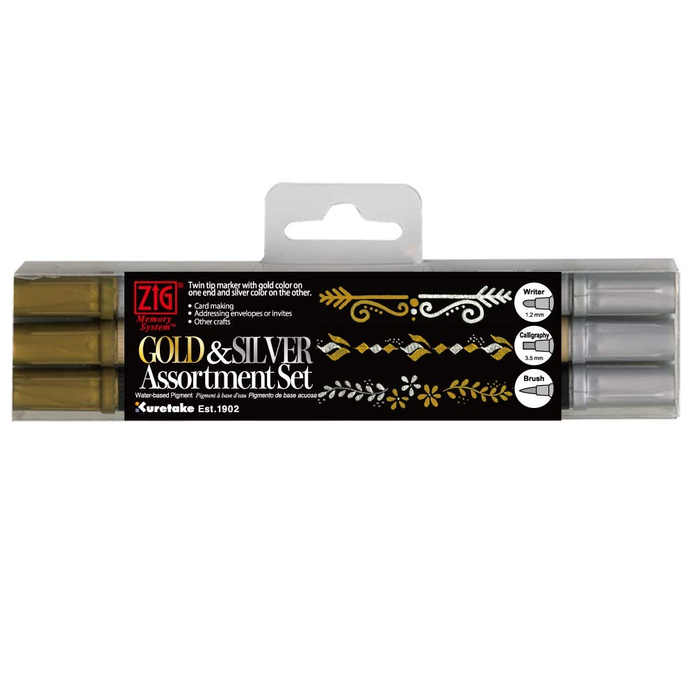 Kuretake Zig Gold and Silver pens & set, Gold,