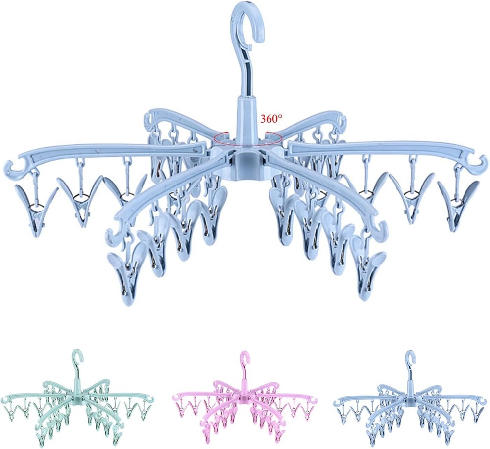 Rotating Clothes Drying Rack with 24 Clips Foldable Sock Hanger for Laundry