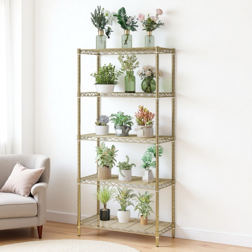 5-Tier Wire Shelving Unit - Heavy Duty, Adjustable, Gloss Gold & Modular