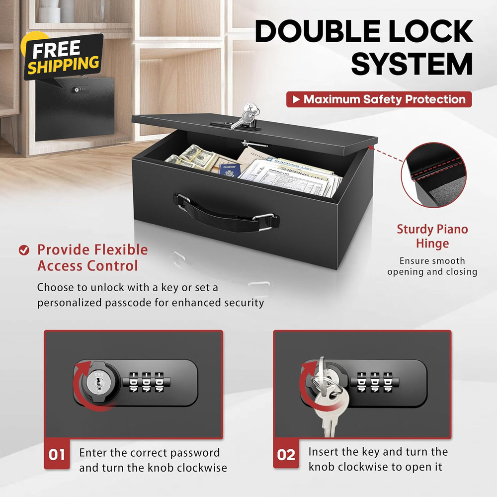 Fireproof Lock Box with Key and Combination Lock, Fire Safe Document Box