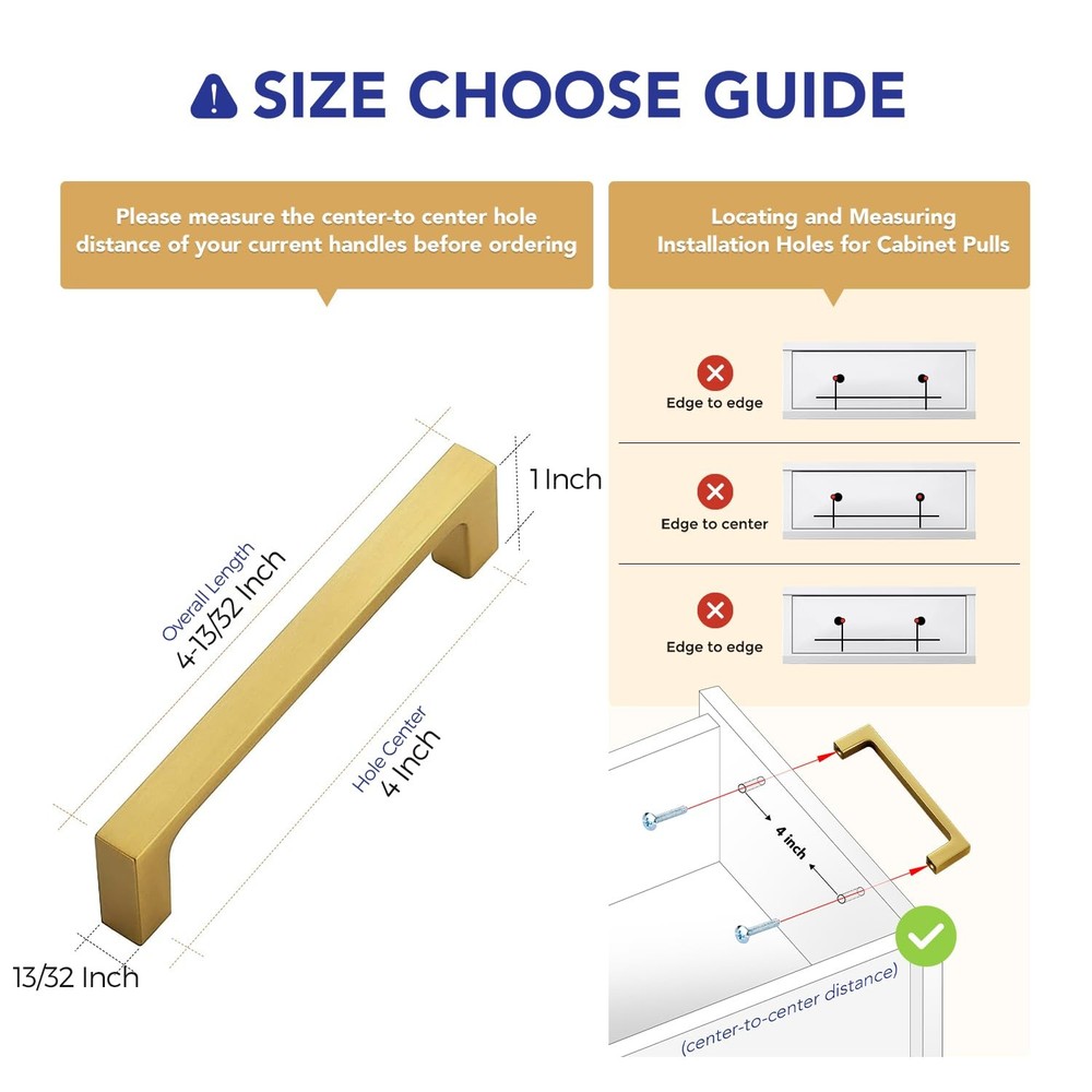 5 Pack Solid 4 Inch Kitchen Square Cabinet Handles Brushed Brass Cabinet Pull...