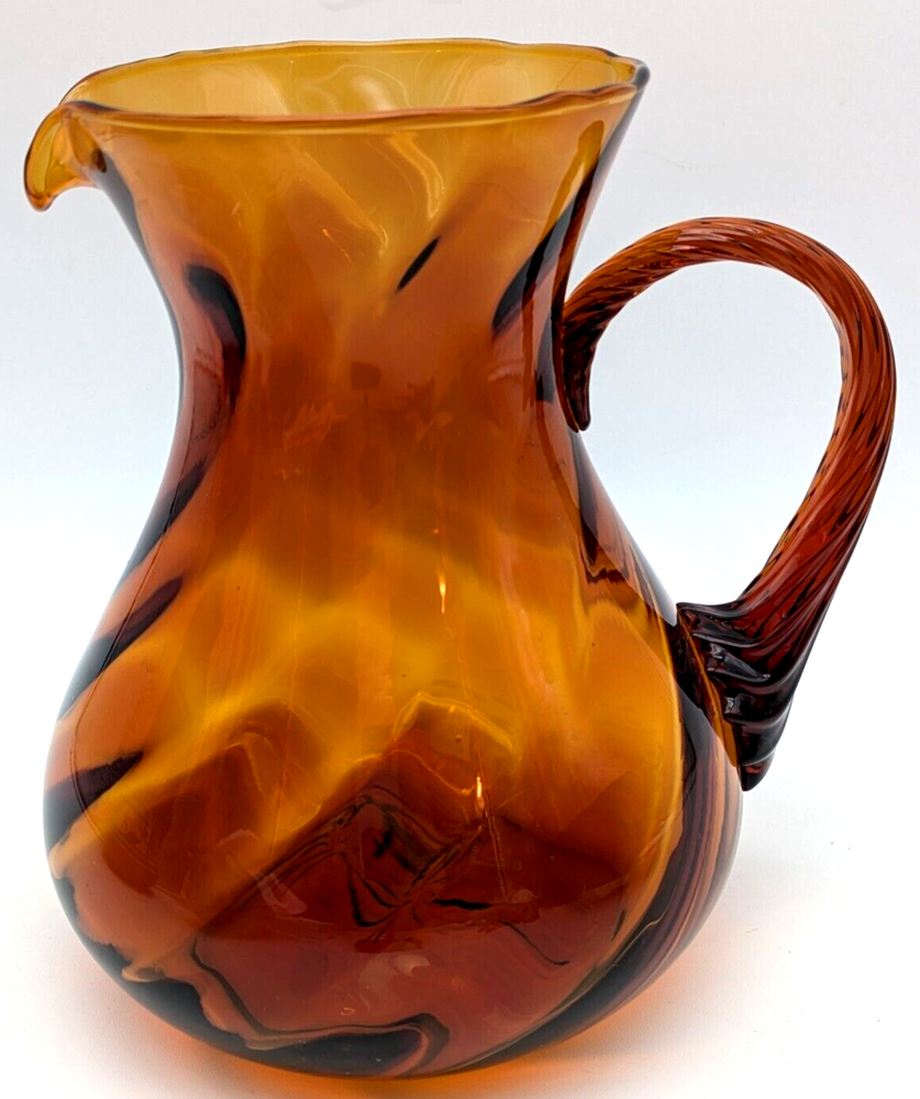 Hand Blown Amber Swirl Glass Pitcher With Applied Twisted Handle