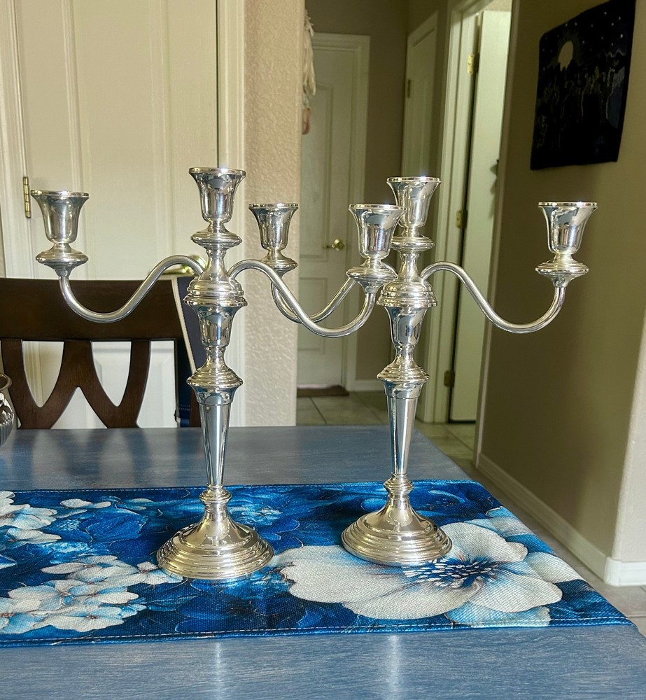 Pair Frank M Whiting Sterling Silver 3 Light Candelabra Convertible Candlesticks