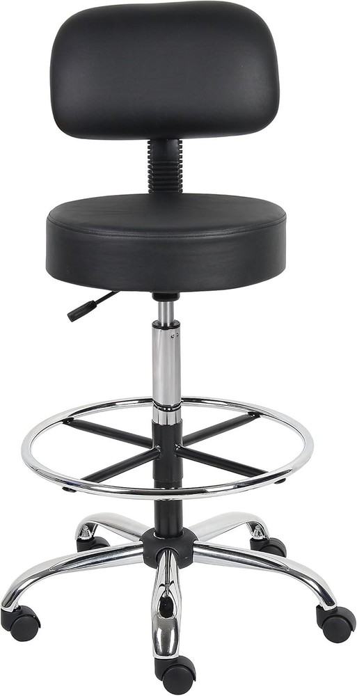 Durable Black Vinyl Drafting Stool with Adjustable Height & Plush Back Support