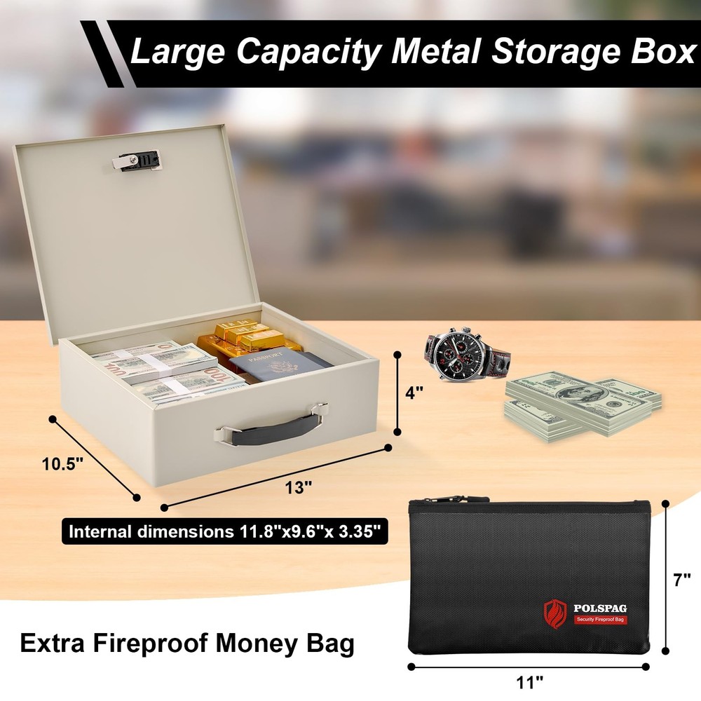 Fireproof Document Box with Key Lock & Large, White-Combination