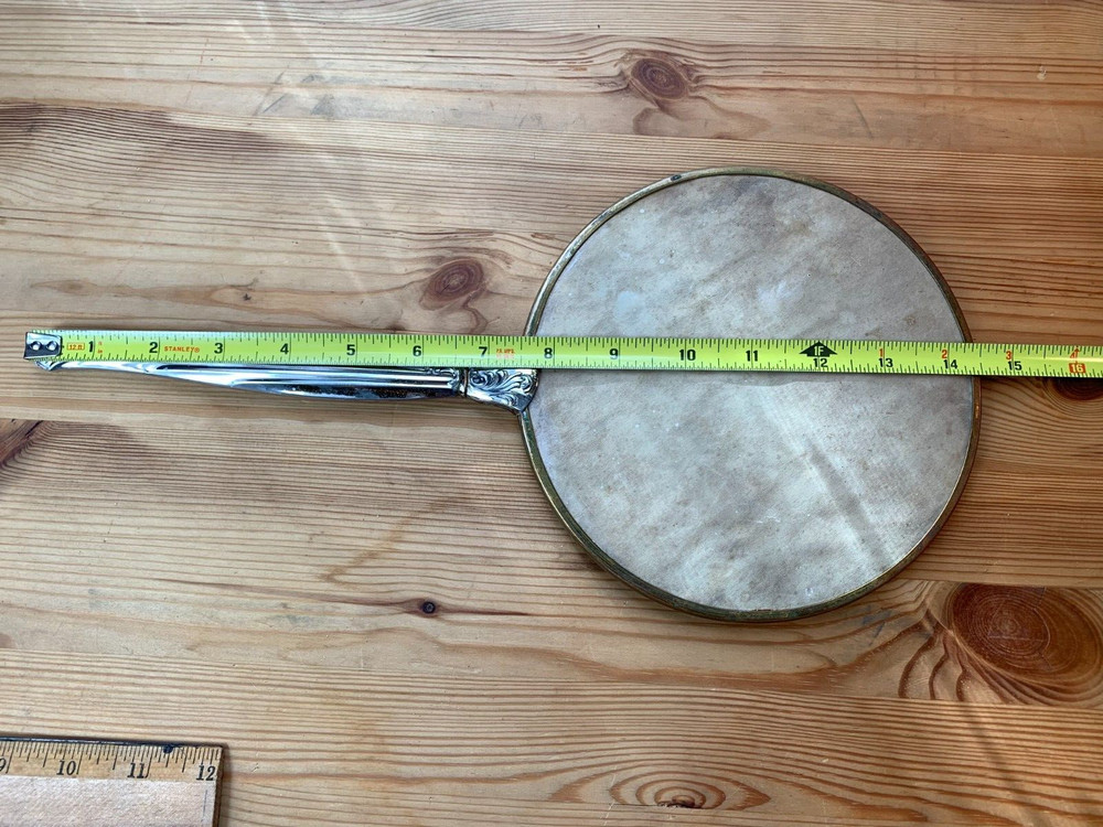 Vintage Hand Held Round Vanity Silver Plate Mirror