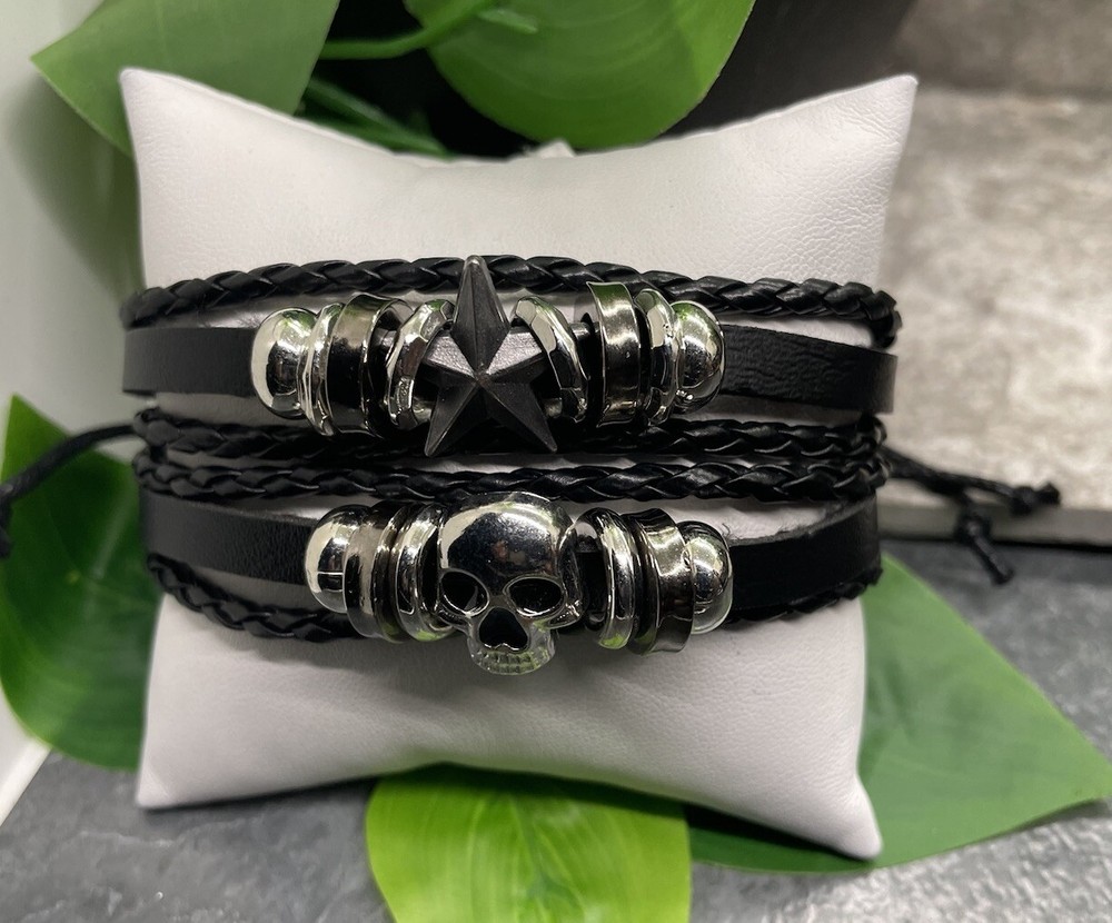 2 PC Leather Bracelet  Stackable Adjustable Tie Free Ship Star Skull B3288