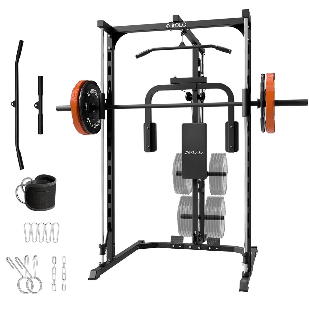 Smith Machine Home Gym Power Rack w/ Pec Deck Lat Pulldown & Low Row