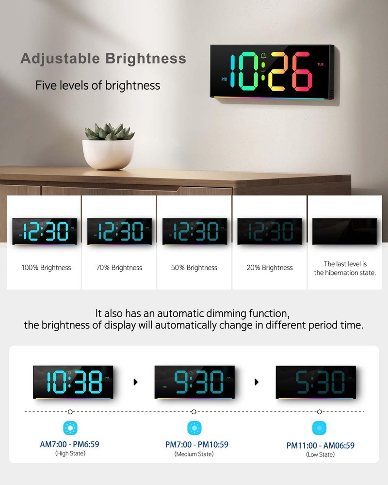 Large Digital Wall Clock 12", Digital Clock with Full Screen Display, 12 RGB ...
