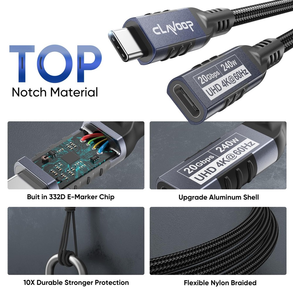 USB C Extension Cable 3ft, USBC Extender 20Gbps Data 3 Feet, Grey