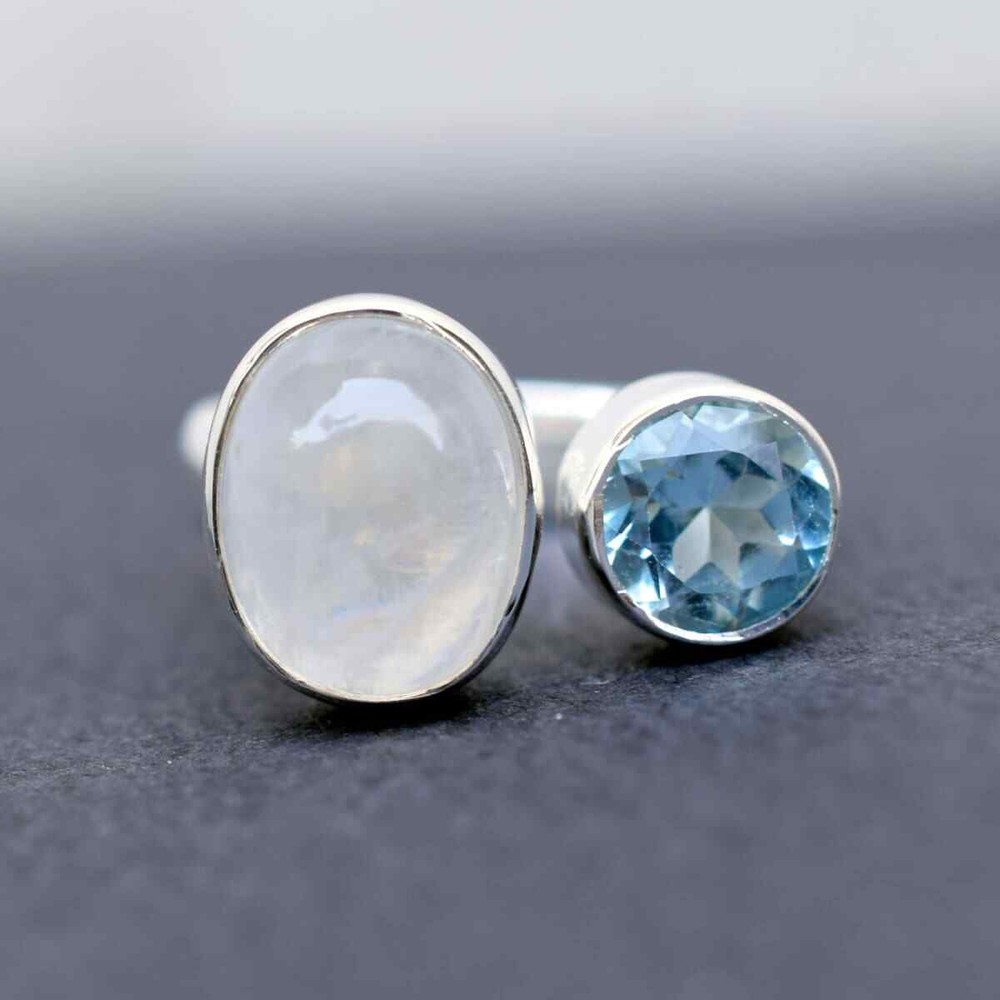 Adjustable Blue Topaz & Moonstone Ring 925 Sterling Silver All Size MO5318