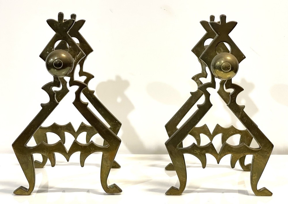 Antique Solid Brass Pair Of Fireplace Fire Dogs